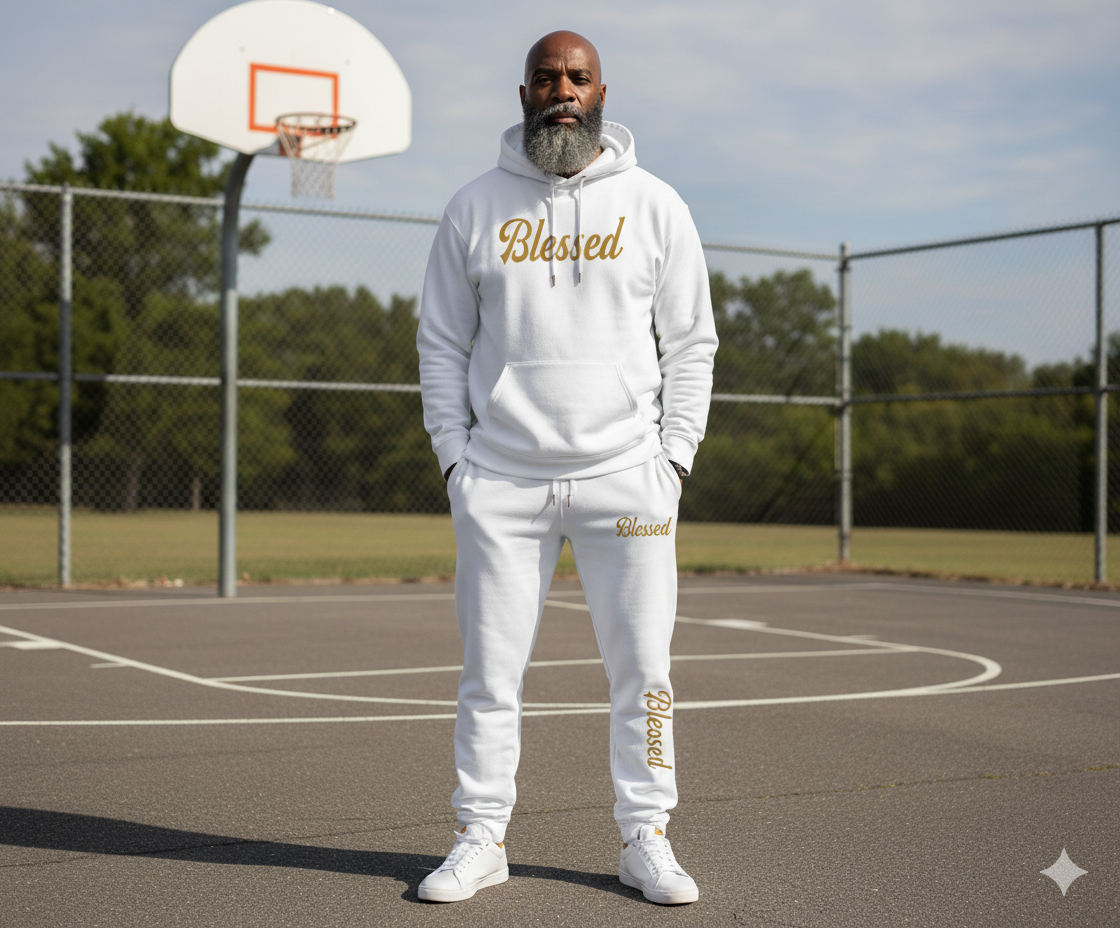 Blessed Raised Puff Old Gold -White Sweat Suit