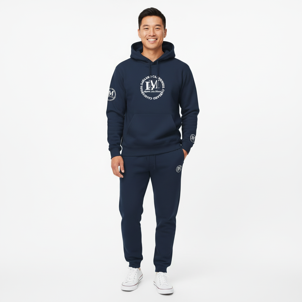 Navy blue tracksuit with logo on a white background
