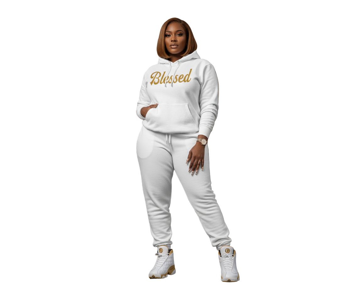 Old Gold Blessed -Puff Raised Hooded Sweatsuit