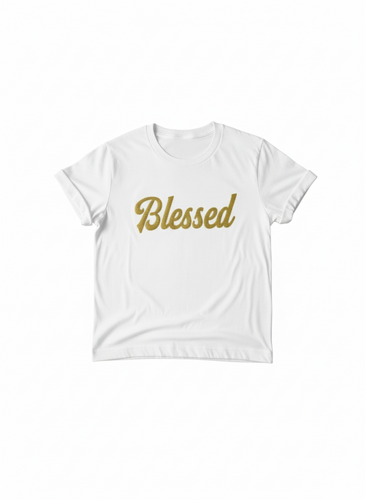 Blessed Unisex Premium T-Shirt | White with Old Gold Puff Vinyl Logo