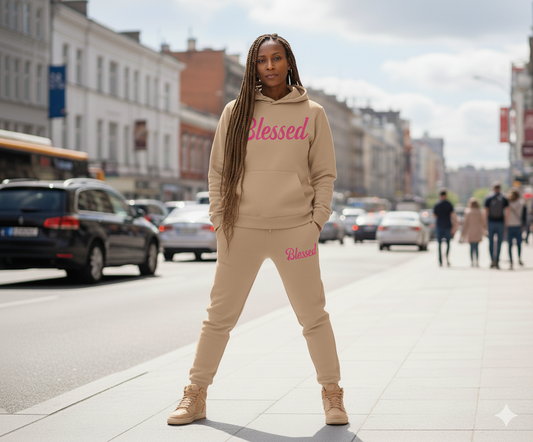 Blessed Raised Puff Old Gold -White Sweat Suit