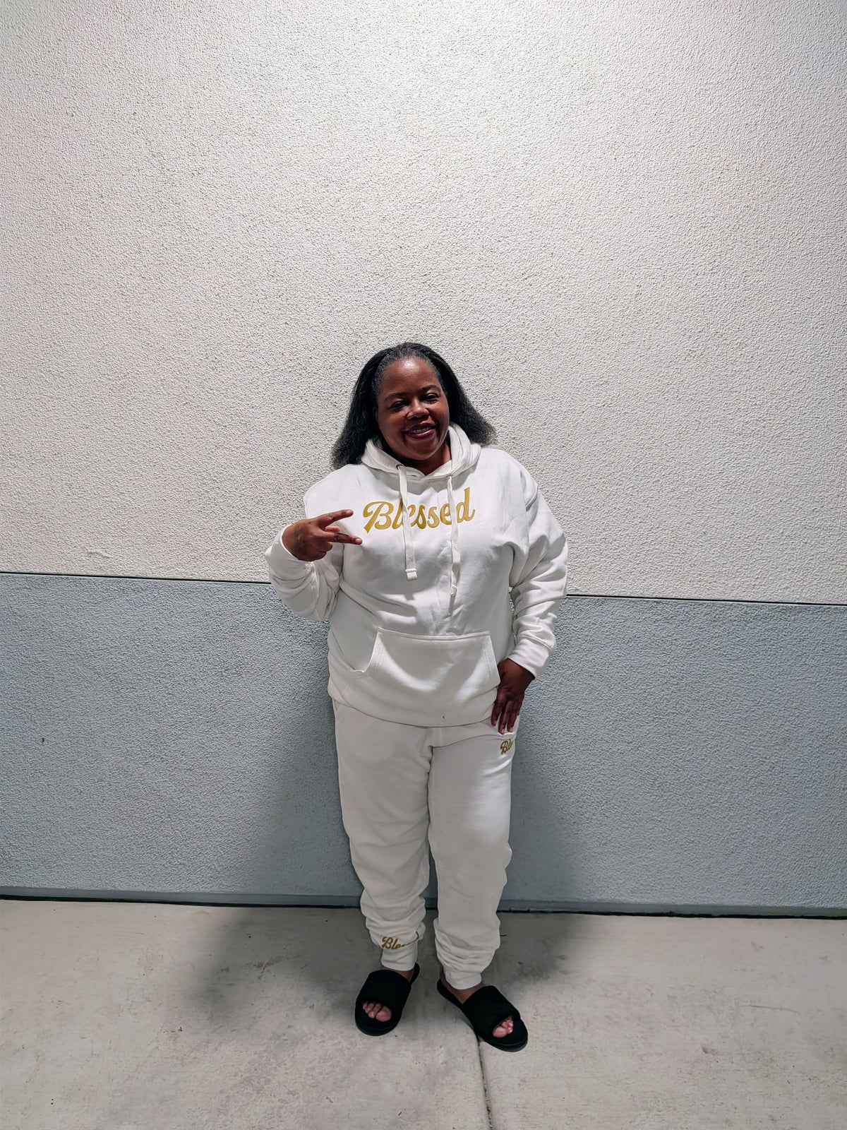 Customer wearing Banks Legendary Fashions