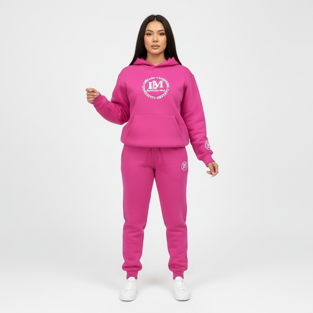Pink hoodie and pants set with a logo on a white background
