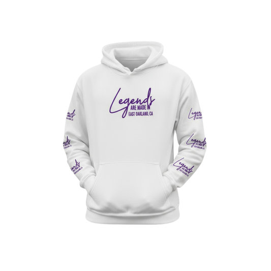 Castlemont High School White & Purple Hoodie W/ "Legends Are Made In East Oakland, CA" Logo