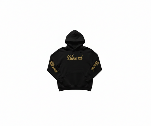 Black hoodie with 'Blessed' text in gold on a white background